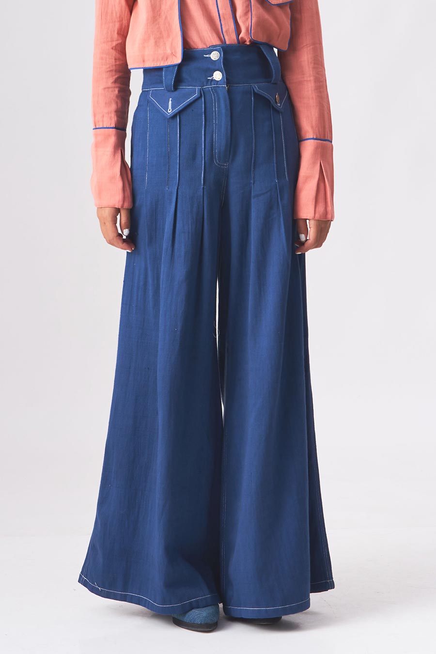 Blue Embroidered cotton-khadi trousers | Kartik Research | MATCHES UK